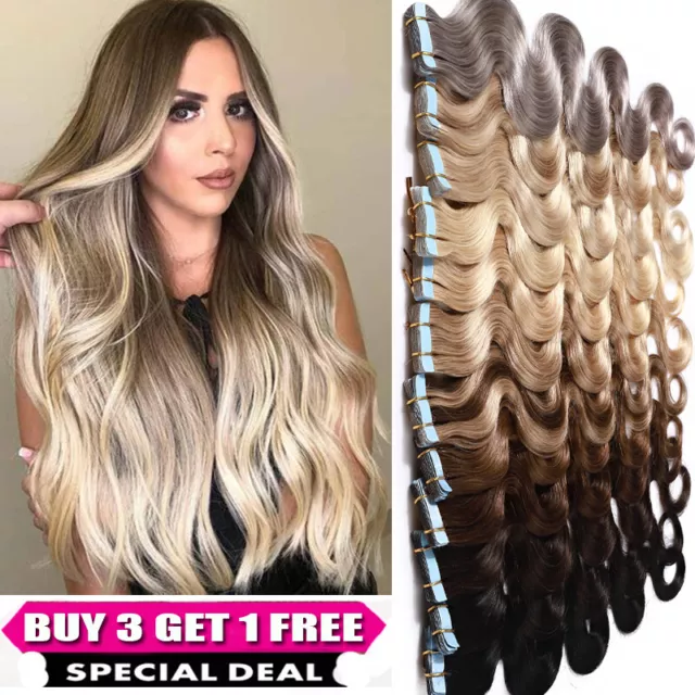 Russian 150g Tape In Real Remy Human Hair Extensions Seamless Wavy Weft THICK US
