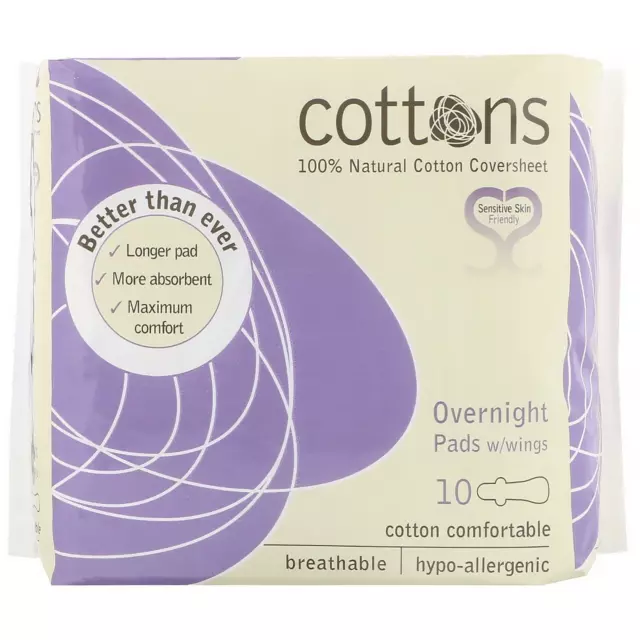 Cottons, 100% Natural Cotton Coversheet, Overnight Pads with Wings, Heavy, 10 Pa