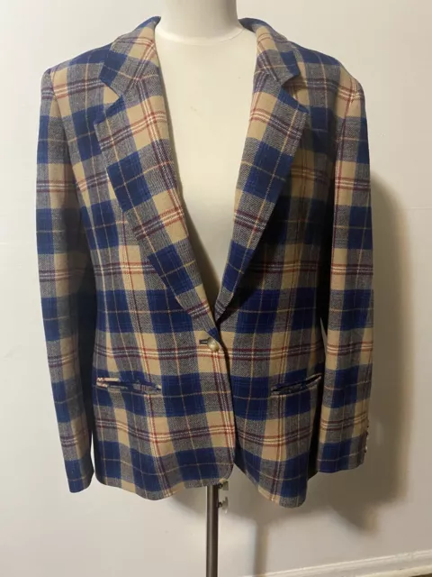 Vintage 1960’s Pendleton 100% Virgin Wool Blue Plaid One Button Jacket Sz 14