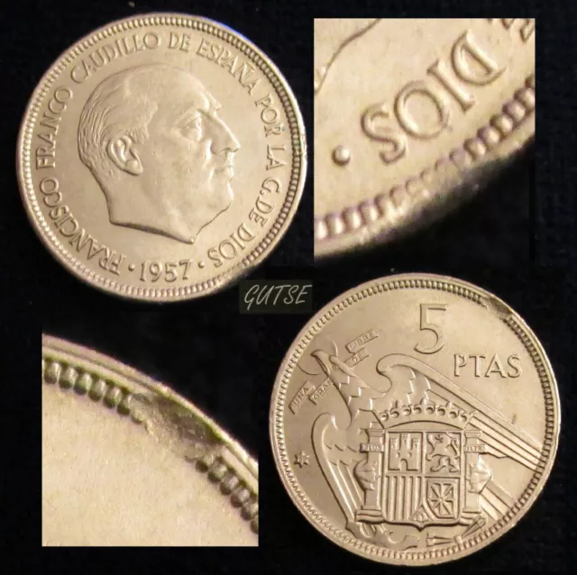 *GUTSE* FRANCO-1673, 5 PESETAS 1957*69, ERROR (12a), HOJA SALTADA, PLUS, S/C.