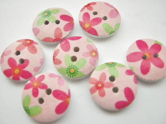 10 Pink Floral Sewing Buttons 15mm (5/8") Spring Flowers Wood Buttons for Girls