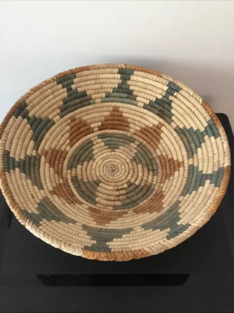 VTG Hand Woven Coiled Basket African? Native American? 12” Diameter 3.5” Tall