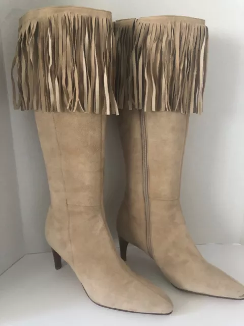 Amanda Smith Christie Tan Suede Fringe Knee Boots Heels Shoes Size 8.5