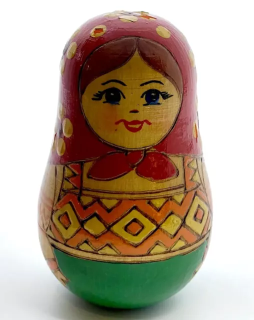 Vtg Russian Wood Balancing Rattle Matryoshka Bell Doll Hand Painted Folk Art 4”