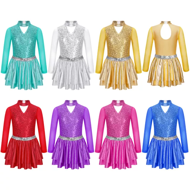 Kid Girls Long Sleeve Roller Figure Ice Skating Dress Gymnastics Skirted Leotard