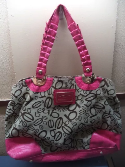 bebe Logo Large 17" x  12" x 5.5" Handbag Beige Poly/Cotton + Pink PVC Trim VGC 2