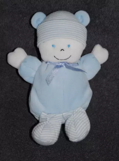 Peluche Doudou Ours Bleu GIPSY Lutin Blanc Rayure Nœud Satin Ancien 16 Cm TTBE