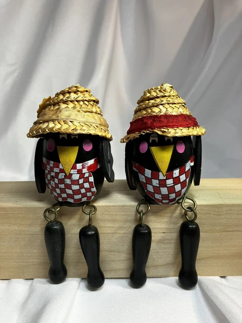 Vintage Wooden Crow Blackbird Shelf Sitters w/ Straw Hat set of 2 Terrys Village