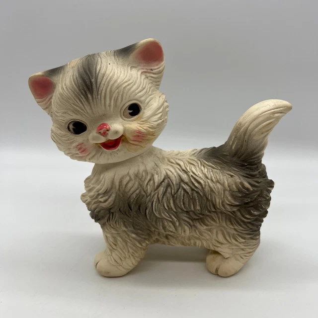 Vintage Squeak Toy Kitten Cat White Grey 1960 Edward Mobley Co Arrow Rubber