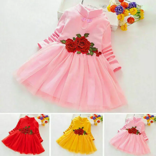 Kids Girls Long Sleeve Floral Tutu Dress Casual Brithday Party Dresses 2-9 Years