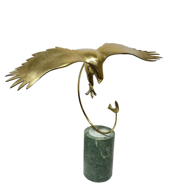 VINTAGE BIJAN SCULPTURE Large Eagle Catching Fish With Green Marble