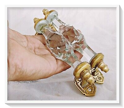 Pair Vntg Look Brass Clear Victorian Cut Glass Pull Push Door Drawer Handle 7" 2