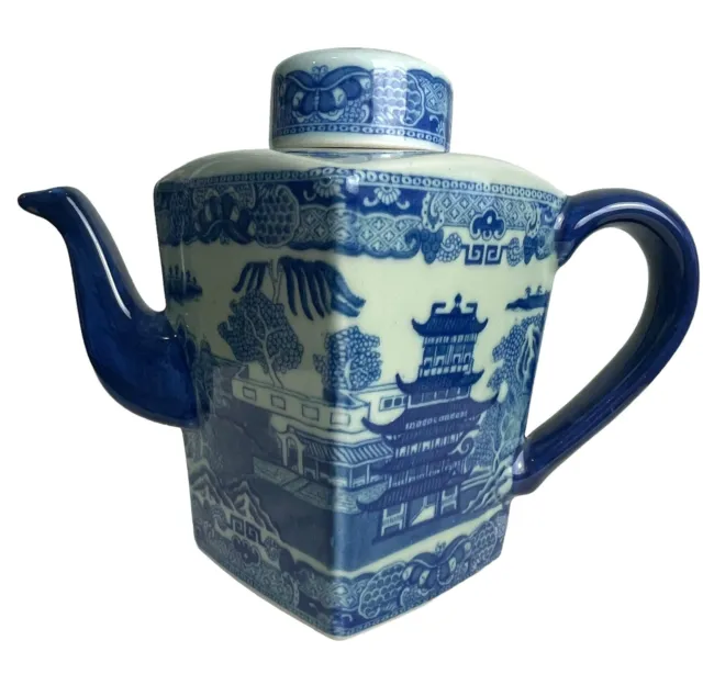 Large Vintage Flow Blue Ironstone Oriental Style Square Teapot Victoria Ware