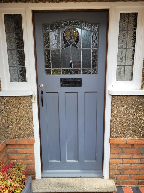 Edwardian style solid wood front door with stained glass and hardware