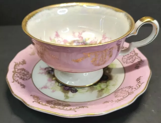 Juego de taza de té y platillo pedestal LM Royal Halsey fruta rosa recortada en oro