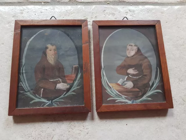 Belle Paire De Peintures Gouache Sur Papier Ancienne Capucin Et Franciscain