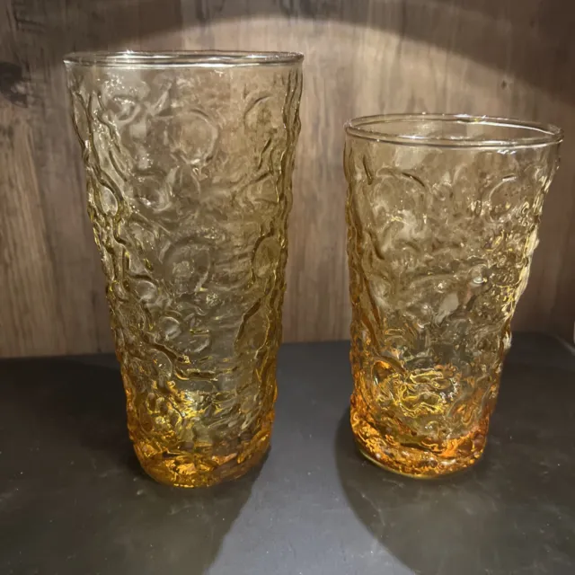 2 Amber Milano Drinking Glasses Ice Tea Bumpy Crinkle  6” And 5” Tall