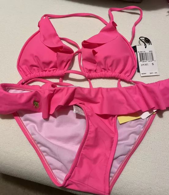 NWT Polo Ralph Lauren Bright Hot Pink Bikini with Ruffles Size Small