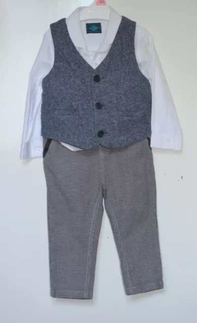 3pcs Boys Occasion wear Smart Mamas & Papas herringbone waistcoat,shirt 12-18Mos