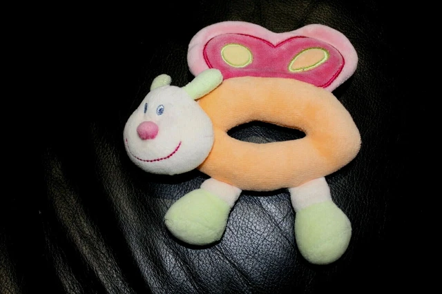 Doudou peluche hochet papillon blanc vert orange et rose NATTOU grelot 15 cm