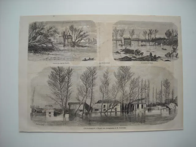 Gravure 1872. Les Inondations. Ile De Bougival. Plaine De Rueil. Iles De Neuilly