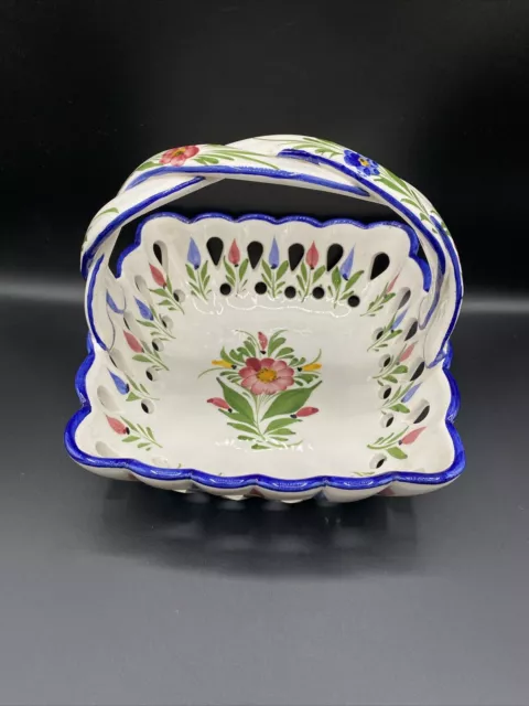 Vintage RCCL Portugal Ceramic Hand Painted Basket with Braided Handles