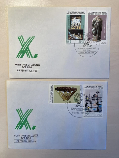 2 Ersttagsbriefe – DDR „Kunstausstellung der DDR Dresden 1987/88" Marken/Stempel