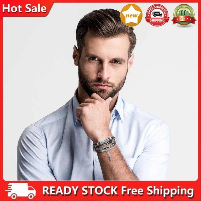 Bracciale Corda PU Intrecciata Ciondolo Turchese Tessuto Perline Bracciale Unisex Gioielli Regalo