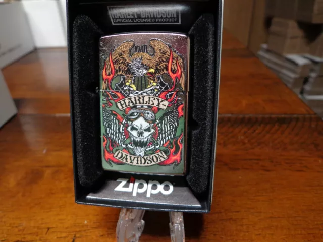 Harley Davidson Skull Eagle Flames American Flags Zippo Lighter Mint In Box