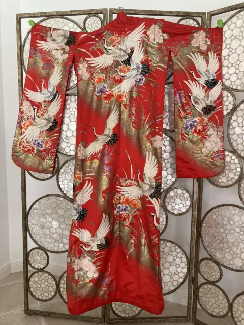 Japanese Kimono Uchikake Luxurious Wedding Embroidery Pure Silk Red Crane VTG?