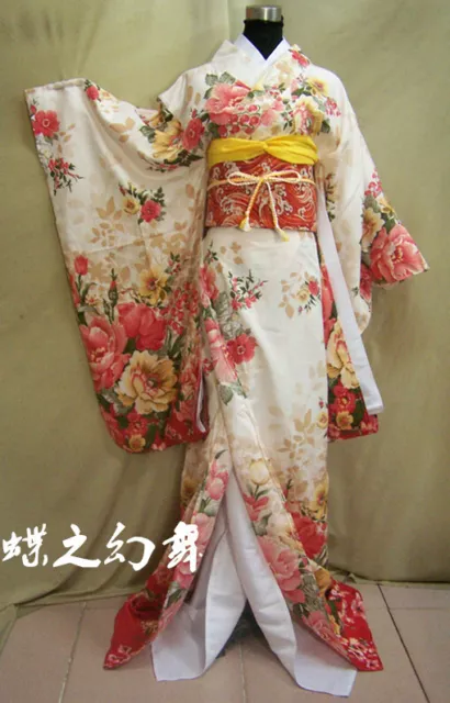 Japanese Furisode Kimonos Womens Floral Yukata Long Traditional Cosplay Costumes