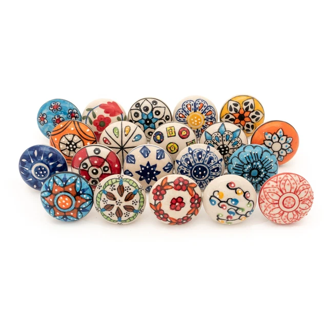 20 x Flat Round Multicoloured Ceramic Knobs Door Handle Cabinet Drawer Cupboard