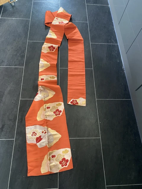 VINTAGE JAPANESE OBI Kimono Robe Pure Silk belt orange/gold - Full ...