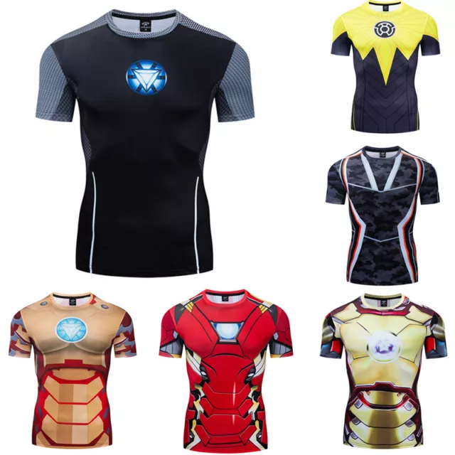 Men's T-shirts Iron Man Superhero Compression Men Short Sleeve Tops Gym Tee UK