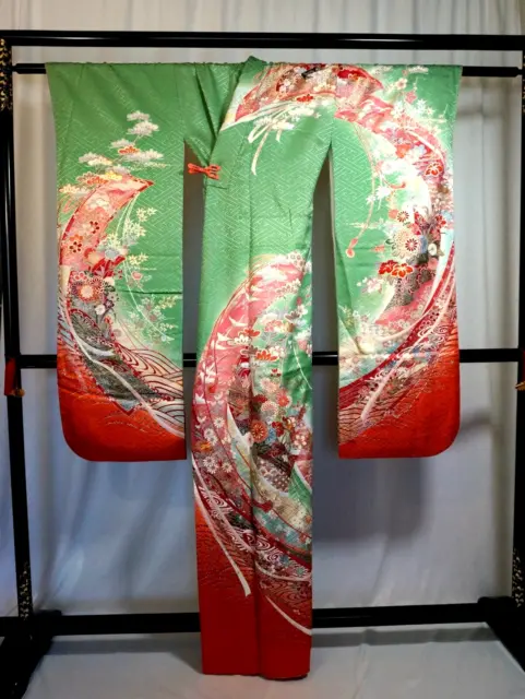 Japanese kimono SILK"FURISODE" long sleeves, Gld/SIL leaves,Ribbon ,L5' 3"..3558