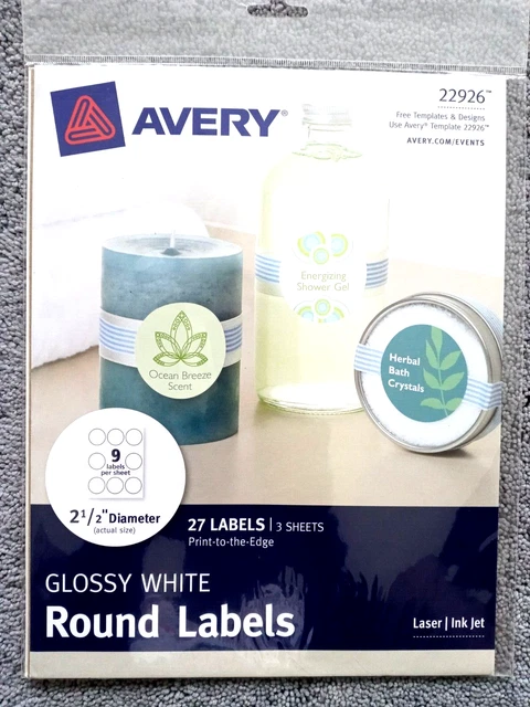 AVERY 27 Glossy White Round Labels  2 1/2" Diameter Laser Inkjet 22926