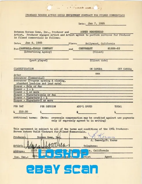 AGNES MOOREHEAD signed autograph contract document BEWITCHED Chevrolet Car Truck