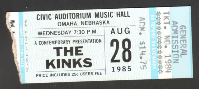 The Kinks Concert Ticket Stub August 28 1985 Omaha Civic Auditorium Music Hall