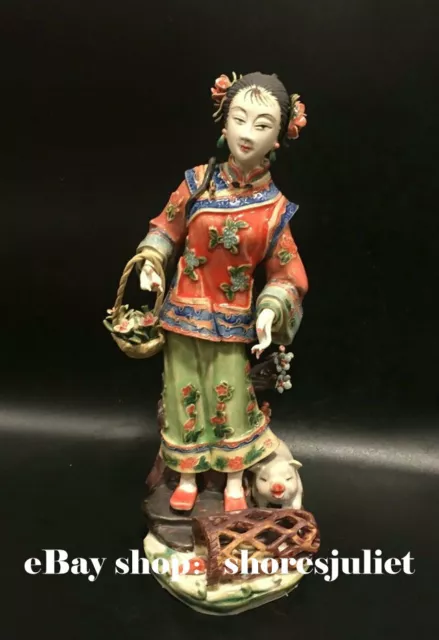 11" Chinese Wucai Porcelain Pottery Beauty Belle Women Hold Flower Pig Statue