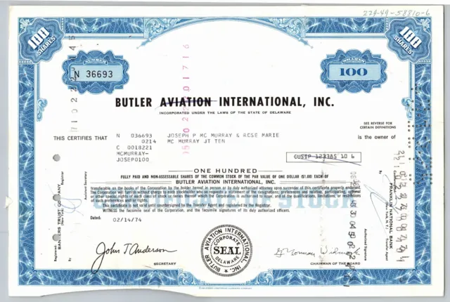 1974 Butler Aviation International 100 Shares Stock Certificate Mr MRs Murray