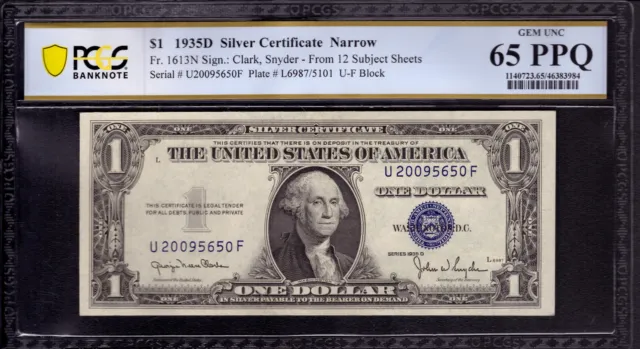 1935 D $1 Silver Certificate Narrow Fr.1613N Uf Block Pcgs B Gem Unc 65 Ppq