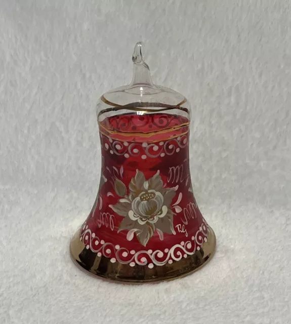 Vtg Christmas Holiday Tree Ornament Floral Handpainted Blown Glass Bell OOAK