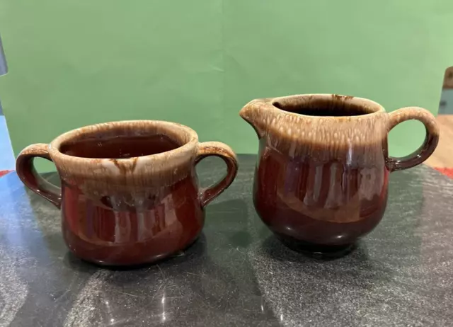 Vintage McCoy Pottery Brown Drip Glaze Sugar Bowl and Creamer Set #7020 USA