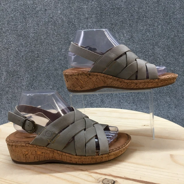 Born Sandals Womens 8 M Slingback Strappy Gray Leather Casual Buckle Wedge