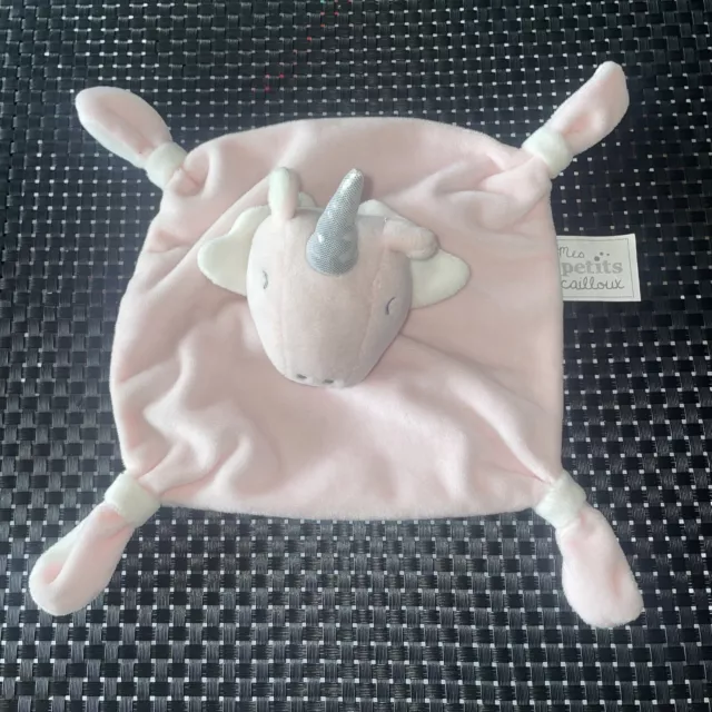 Ca7 Doudou Plat Mes Petits Cailloux Licorne Rose Blanc 18/18Cm Comme Neuf