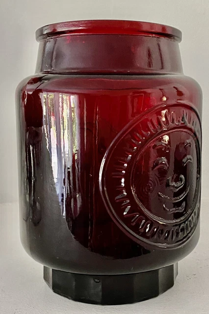 Wheaton N.J. Red Glass Jar Sun Face & Rooster, 8” High