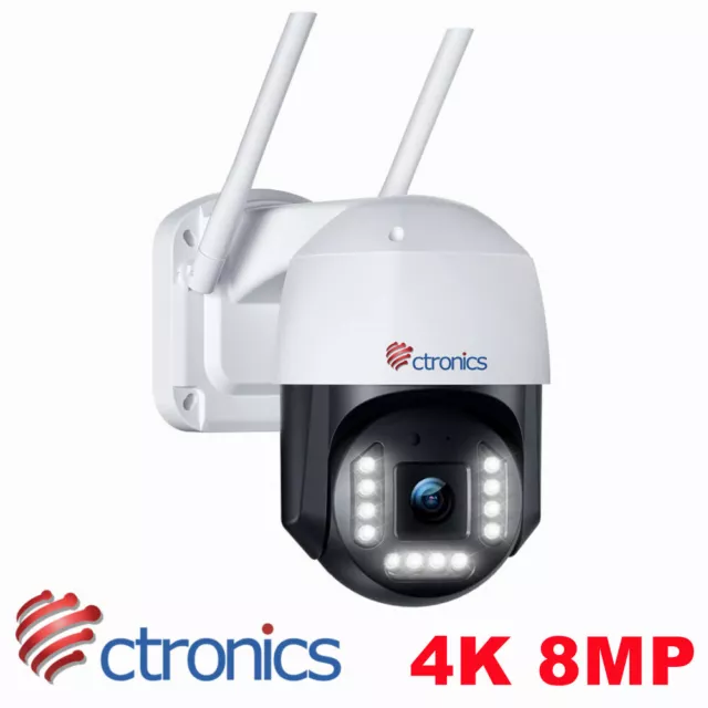 Cámara de vigilancia exterior Ctronics 4K 8MP, cámara IP WiFi PTZ - visión nocturna en color