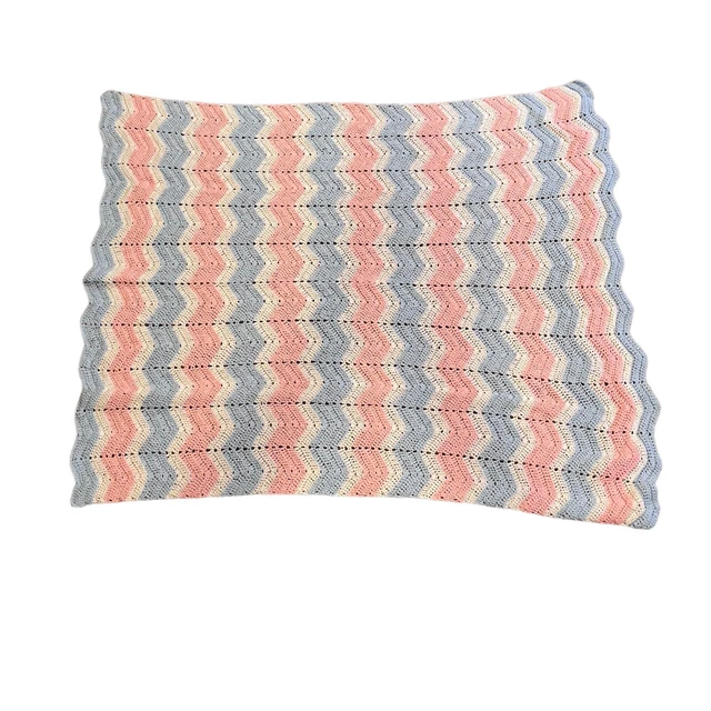Handmade Crochet Knit Baby Blanket Afghan 47”x37” Pink, Blue & White Chevron