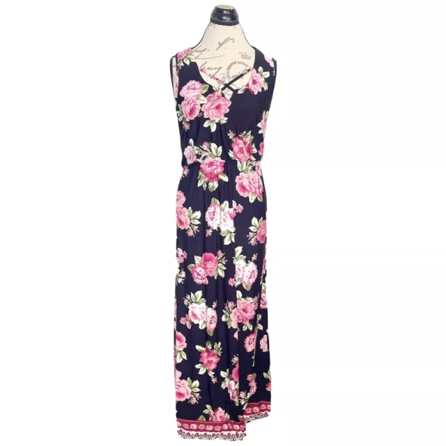 Three Pink Hearts Cross Front Maxi Dress Size Large Floral Vacation Travel Long