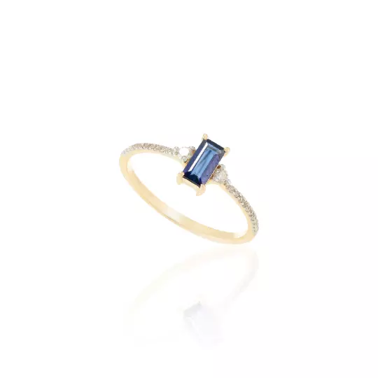 Anillo de diamantes y zafiro azul de talla baguette Anillo minimalista de...